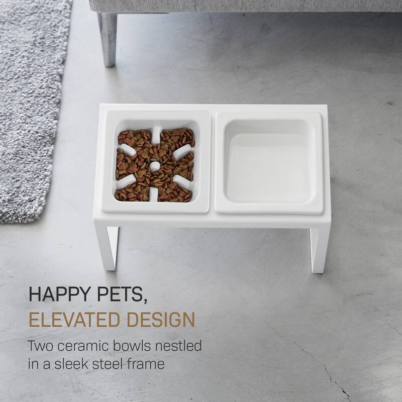 Yamazaki Home Slow Feeder Pet Bowl, Steel and Ceramic, 0.75 cups, 180 ml - L 6.1 x W 11.42 x H 6.93 inches