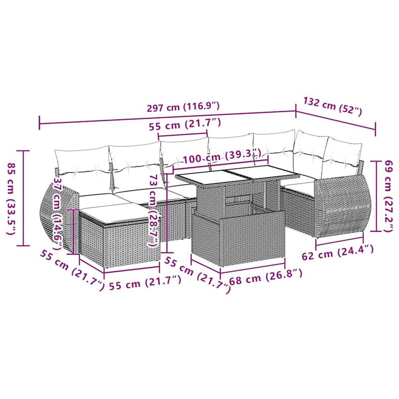 vidaXL 8 Piece Patio Sofa Set with Cushions Black/Brown/Gray Poly Rattan