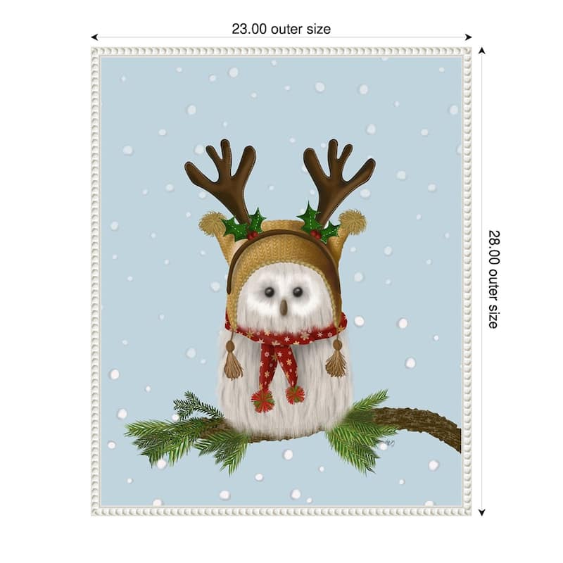Christmas Fluffy Owl and Antlers by Fab Funky (23 x 28 in.), Framed Canvas Wall Art Print - Sylvie Beaded White