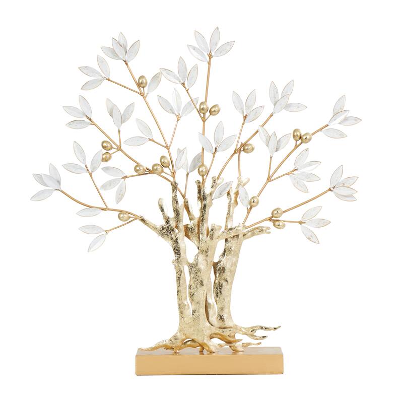 Gold Metal Metallic Tree Decorative Sculpture with White Leaves