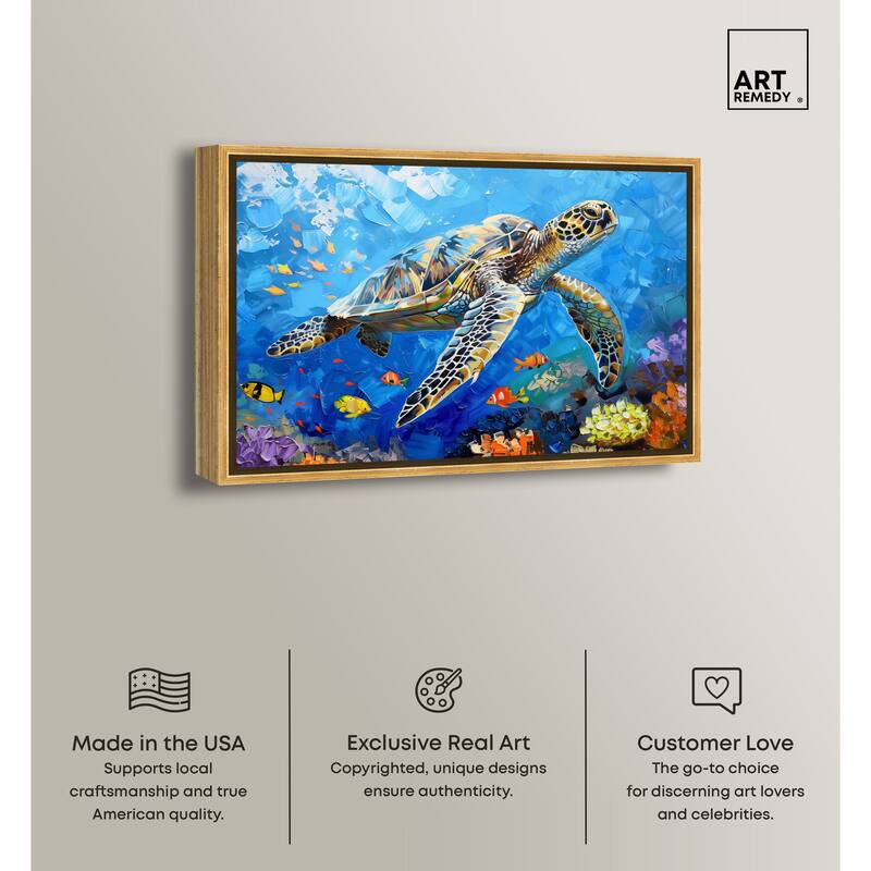Art Remedy Turtle Swimming Framed Colorful Coastal 1 Piece Canvas Wall Art