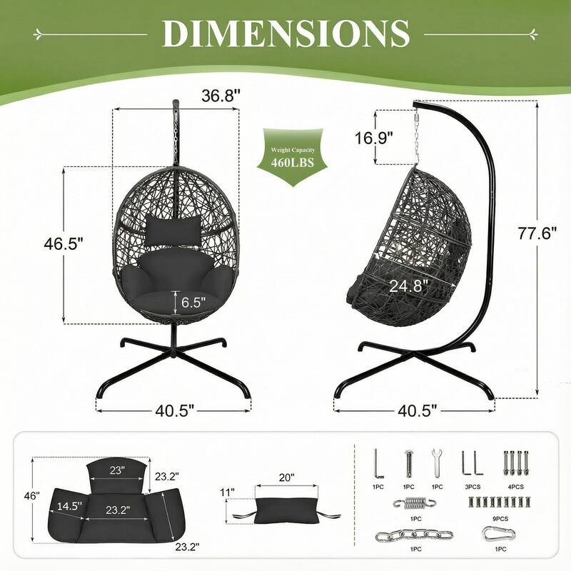 Oversized Egg Chair with Stand, 460 lbs Heavy-Duty Outdoor/Indoor Wicker Hanging Basket Chair