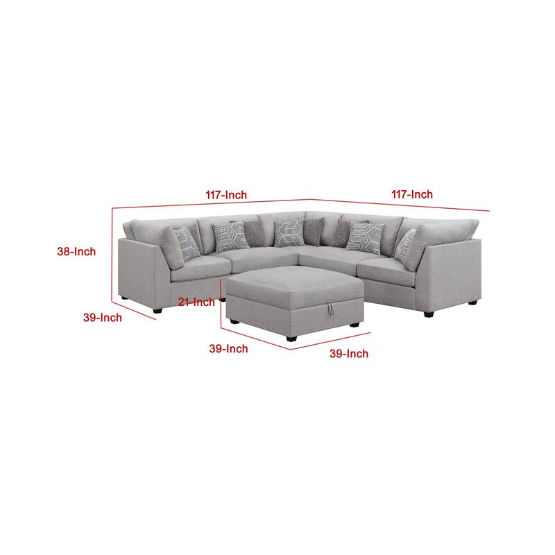 Cambia 6 Piece Modular L Shaped Sectional Sofa w Ottoman, Gray, 10 Pillows