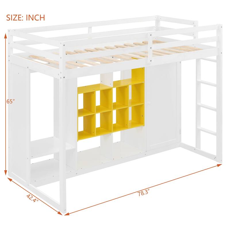 Twin/Full Size Versatile Loft Bed with Wardrobe, Storage Bed Frame with Multi-Shelves and Clothes Hanging Rod