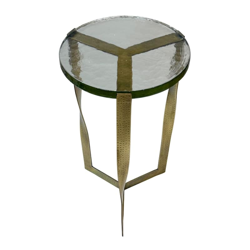 Castella Round Side Table - Recycled Glass Top and Powder Coated Iron Frame Antique Brass Finish Accent Table