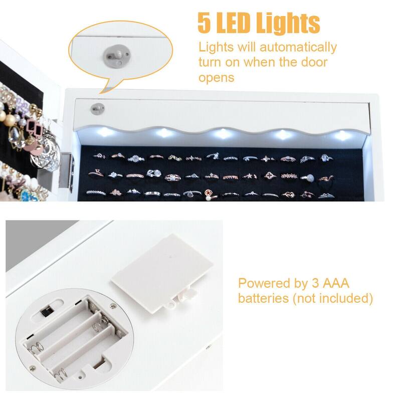 Gymax Lockable Wall Door Mounted Jewelry Cabinet LED Mirror White - See Details