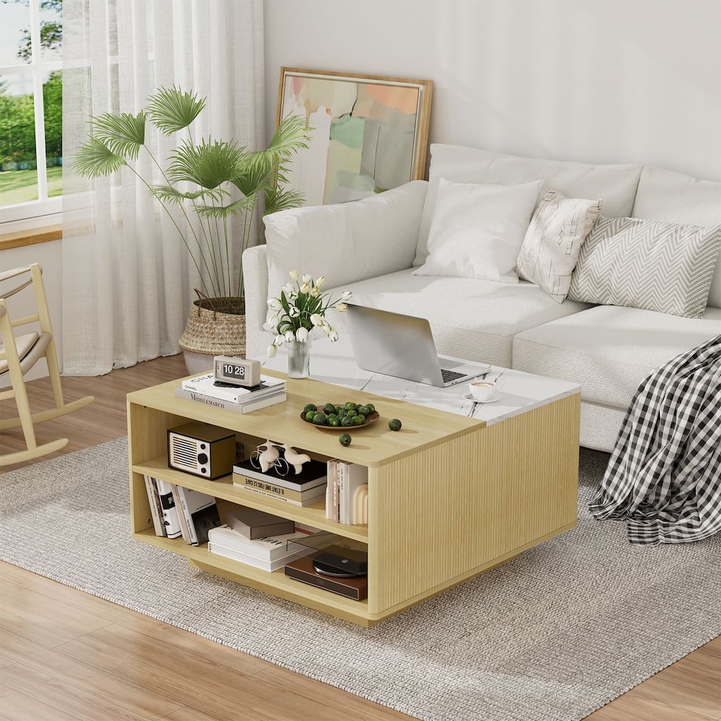 31.5" Fluted Lift Top Coffee Table with Storage, Boho Lift-Top Center Table with Hidden Compartment for Small Space