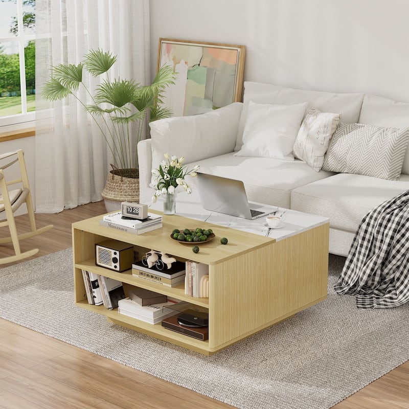 31.5" Fluted Lift Top Coffee Table with Storage, Boho Lift-Top Center Table with Hidden Compartment for Small Space - Oak