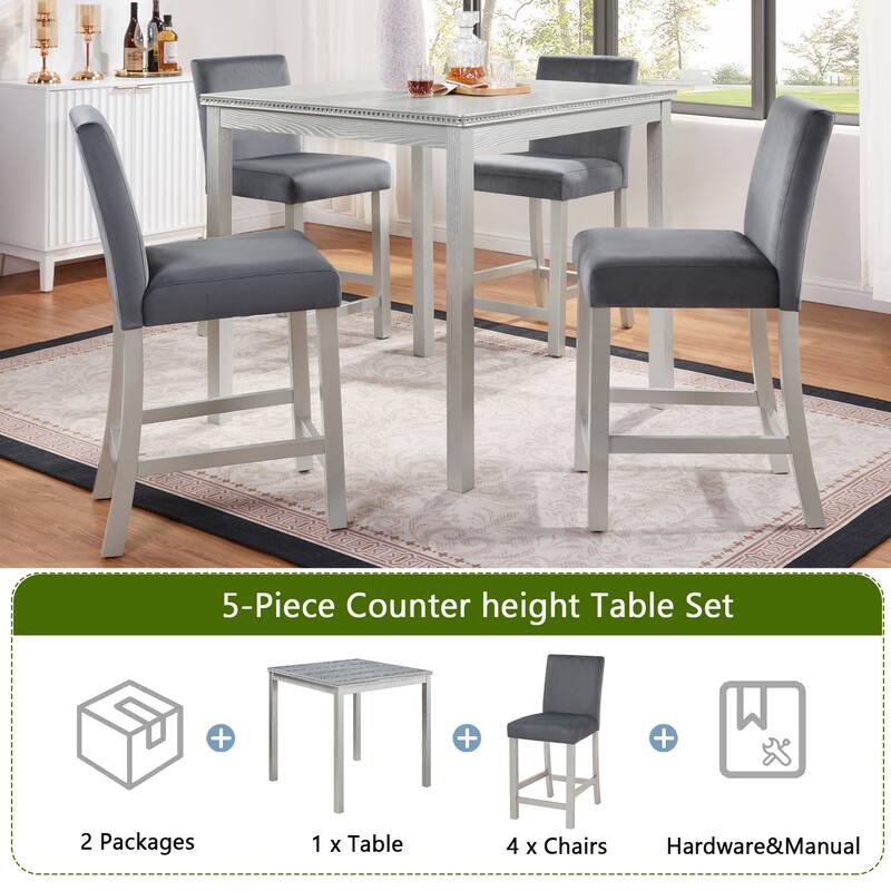 5-Piece, Modern Counter Height Table Set with 1 Square Table, 4 Upholstered Chairs and Crystal Accents, for Dining Rooms