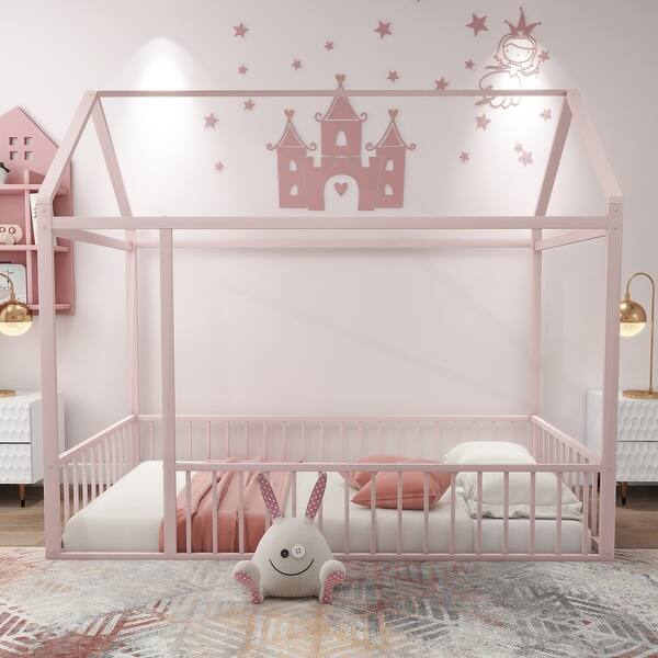 slide 2 of 23, Twin Size Metal Bed House Bed Frame with Fence Pink