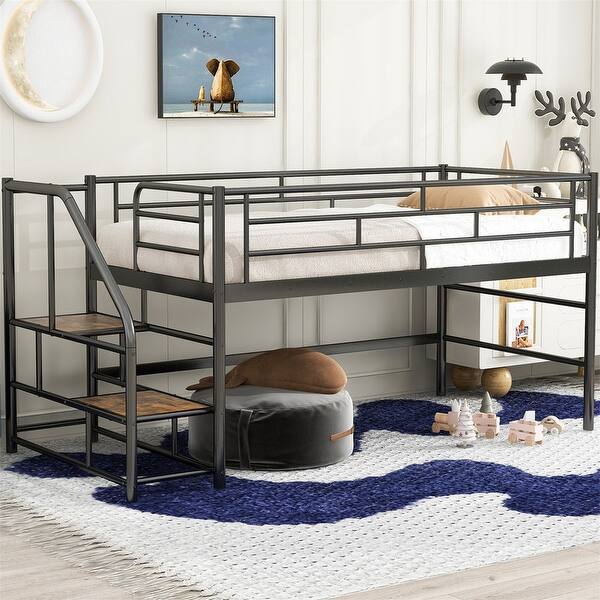 slide 2 of 28, Twin Size Mid Loft Bed with Storage Stairs, Heavy Duty Metal Loft Bed Frame with Guardrails, Kids Playhouse Bed with Slats Black