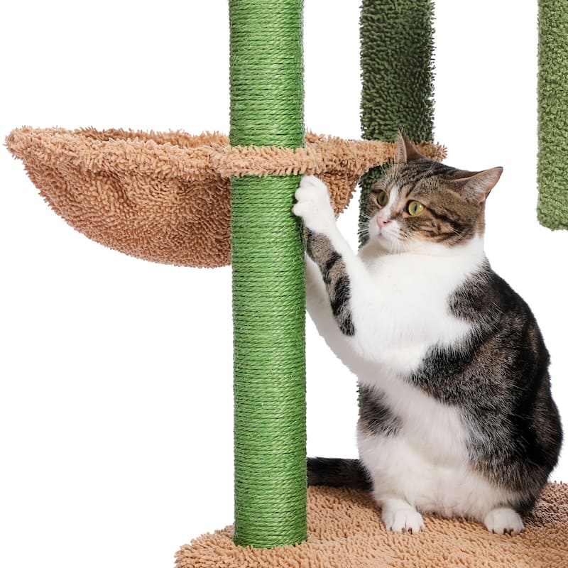 Multi-Level Cactus Cat Tower with Scratching Post and Cozy Condo, Plush Perch & Soft Hammock