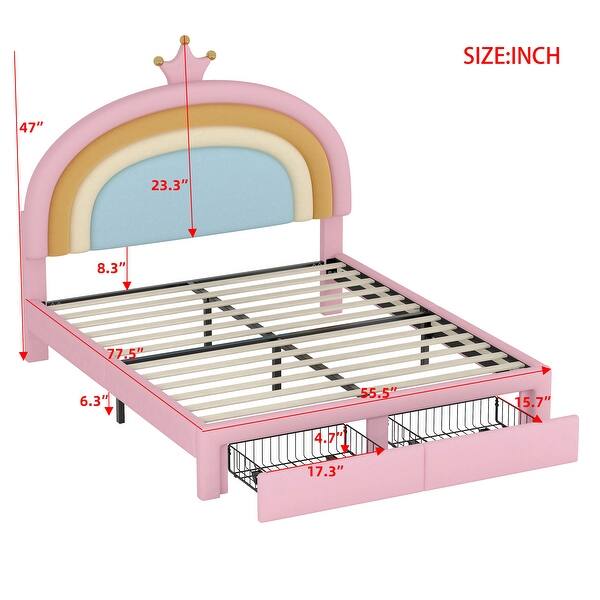 dimension image slide 1 of 2, Full Size Velvet Platform Bed with Colorful Rainbow Headboard and 2 Storage Drawers, Upholstered Princess-Style Frame
