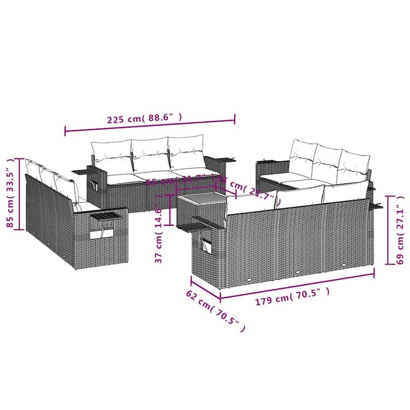 vidaXL 13 Piece Patio Sofa Set with Cushions Black Poly Rattan - 21.7" x 24.4" x 27.2"