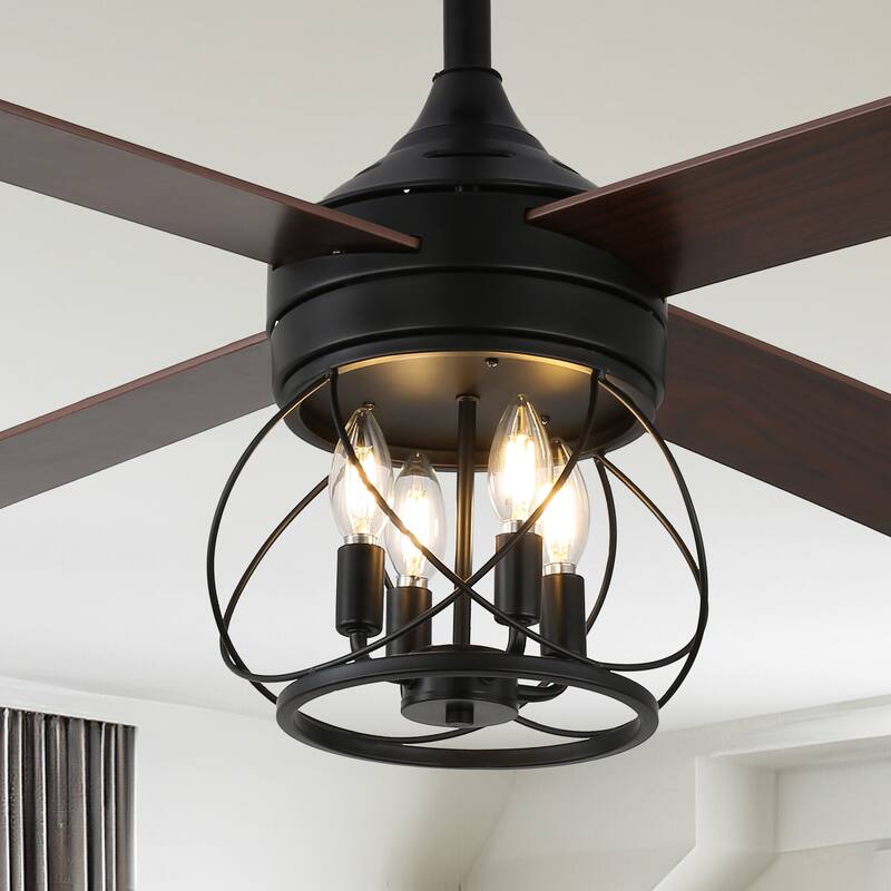 Cusp Barn 52" Modern Ceiling Fan with Light and Remote,Black 4-Light 6 Speeds Quiet Operation Reversible Caged Ceiling Fan