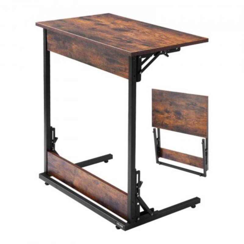 Brown Metal Frame C-Shaped Sofa Side Table Foldable with Adjustable Feet - 23.62 x 14.57 x 27.56 inch