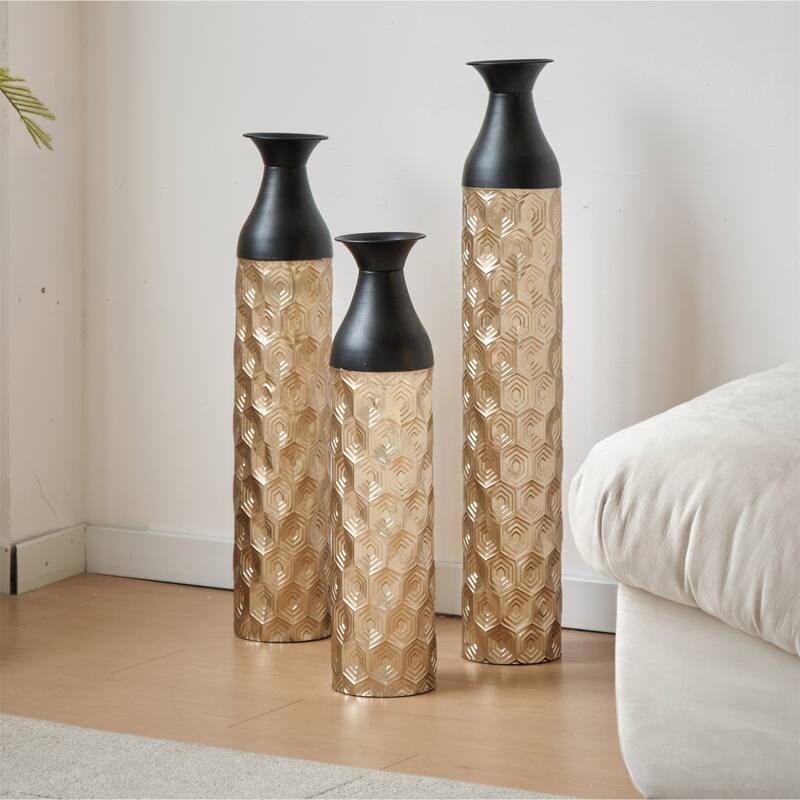Decorated Floor Glazed Metal Vases (Set of 3)
