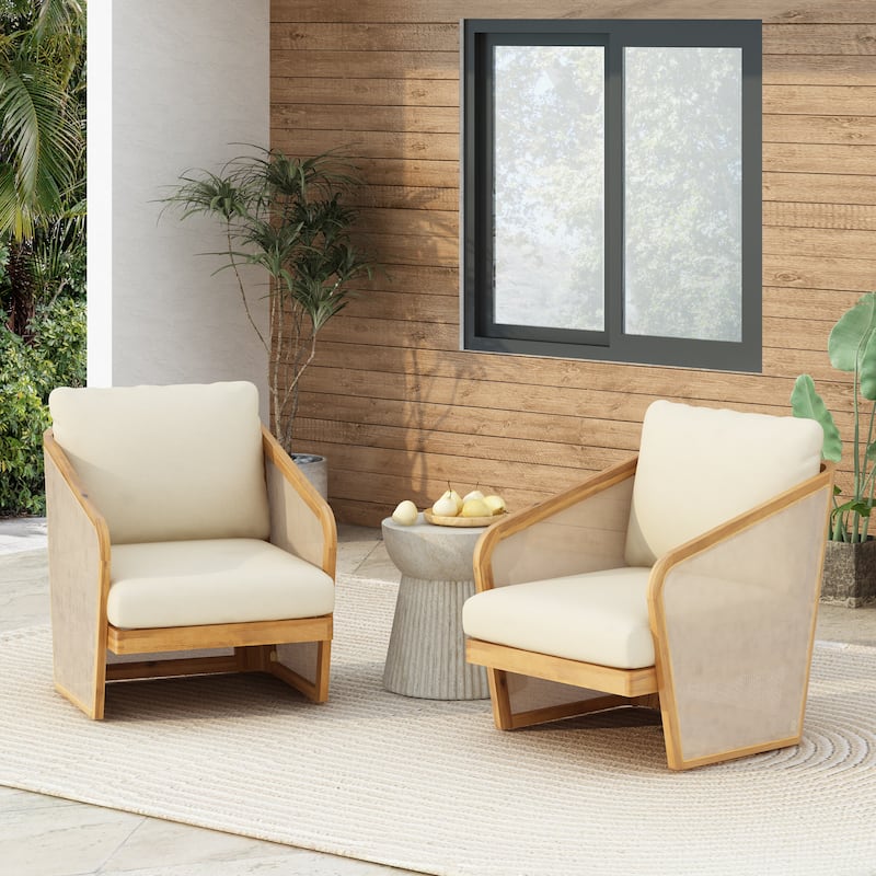 Lenrn Wood Textilene Club Chair with Acacia Frame and Water-Resistant Cushions by Christopher Knight Home - 2 piece - Beige+Textiline