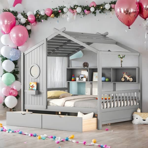 slide 2 of 9, Full Size Wooden House Bed Kids Bed with 2 Drawers and Storage Shelf Grey