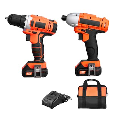 Black and Orange 12V Cordless 2 Tool Power Drill and Impact Driver Set with 2Ah Batteries and Fast Charger