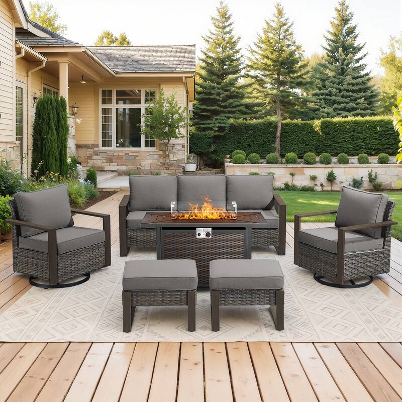 Meyreso Wicker Outdoor Patio Metal Fire Pit Set with Swivel Gliders & 4.5" Olefin Cushions