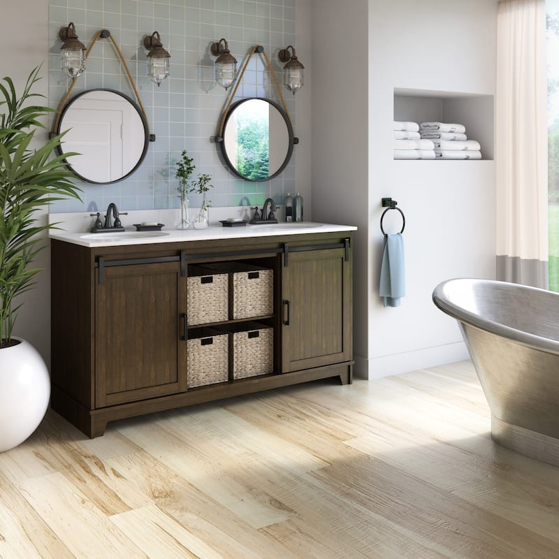 60" Sliding Barn Door Double Sink Bathroom Vanity with 4 Woven Baskets
