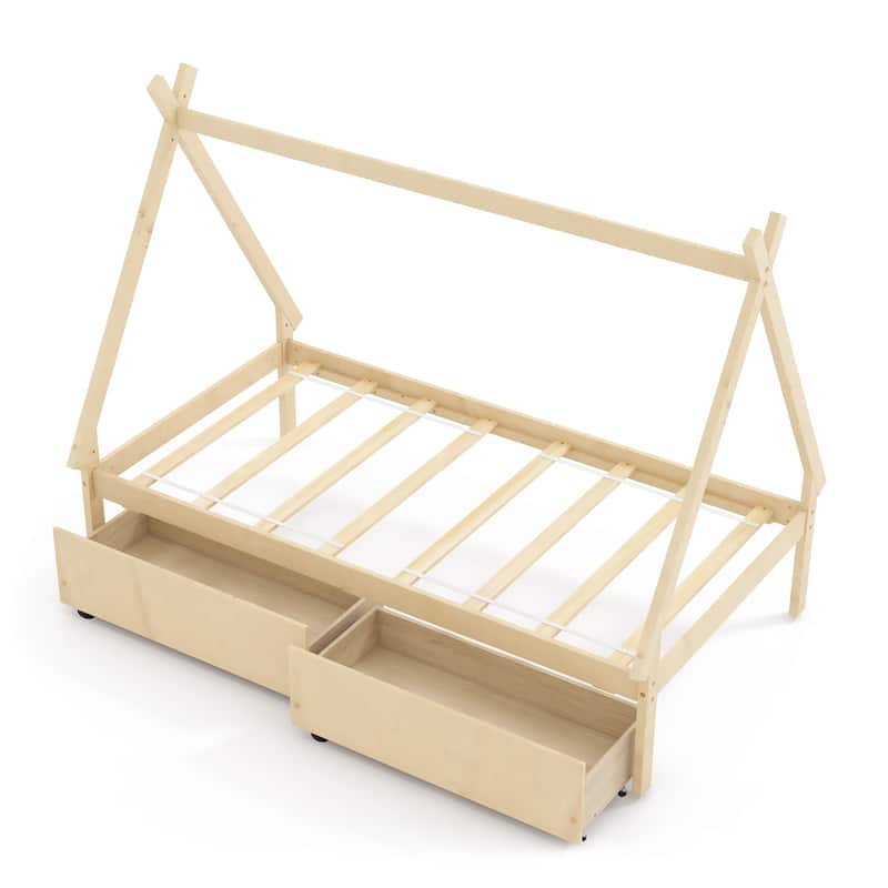 Kids Twin Size Wooden House-Shaped Platform Bed with Storage Drawers for Boys and Girls