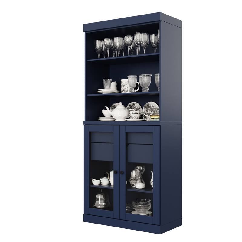 100% Solid Wood Kitchen Pantry Cabinet with 2 Clear Glass or Solid Wood Doors and 2-Drawer Organizer by Palace Imports