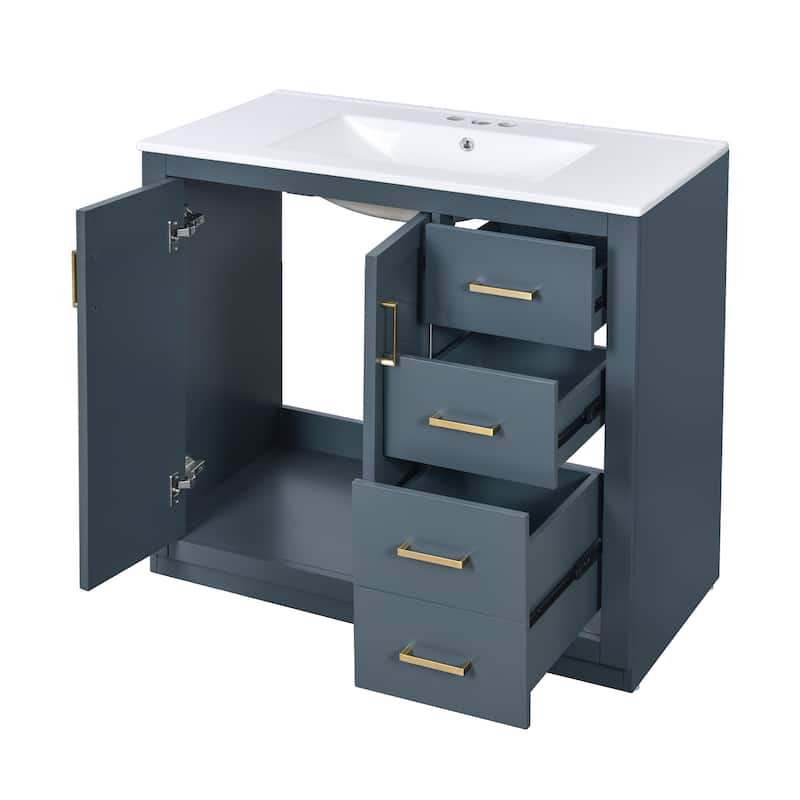 36" Bathroom Vanity Combo with Ceramic Basin, Solid Wood Frame, 3 Drawers, Soft-Close Doors