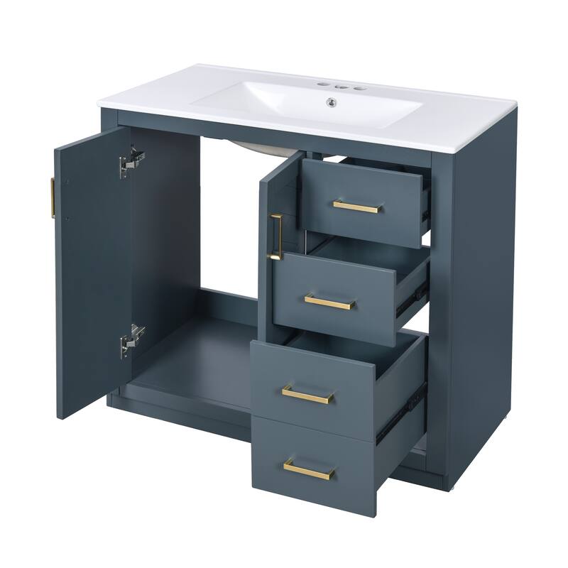 Freestanding Geometric Pattern Bathroom Vanity Solid Wood Frame Storage Cabinet with Sink, 3 Drawers and Soft Closing Doors