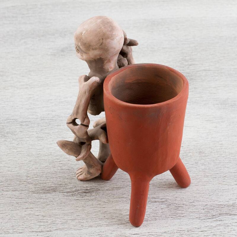 Handmade Lord Of The Dead Ceramic Statuette (Mexico) - 7" H x 4.3" W x 5" D