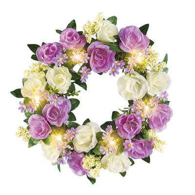 LED Lighted Purple and White Roses Hanging Wreath