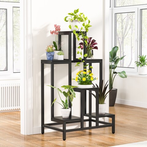Flower Plant Stand Indoor, Metal Ladder Plant Shelf, 6 Tiers 6 Potted Wooden Flower Holder