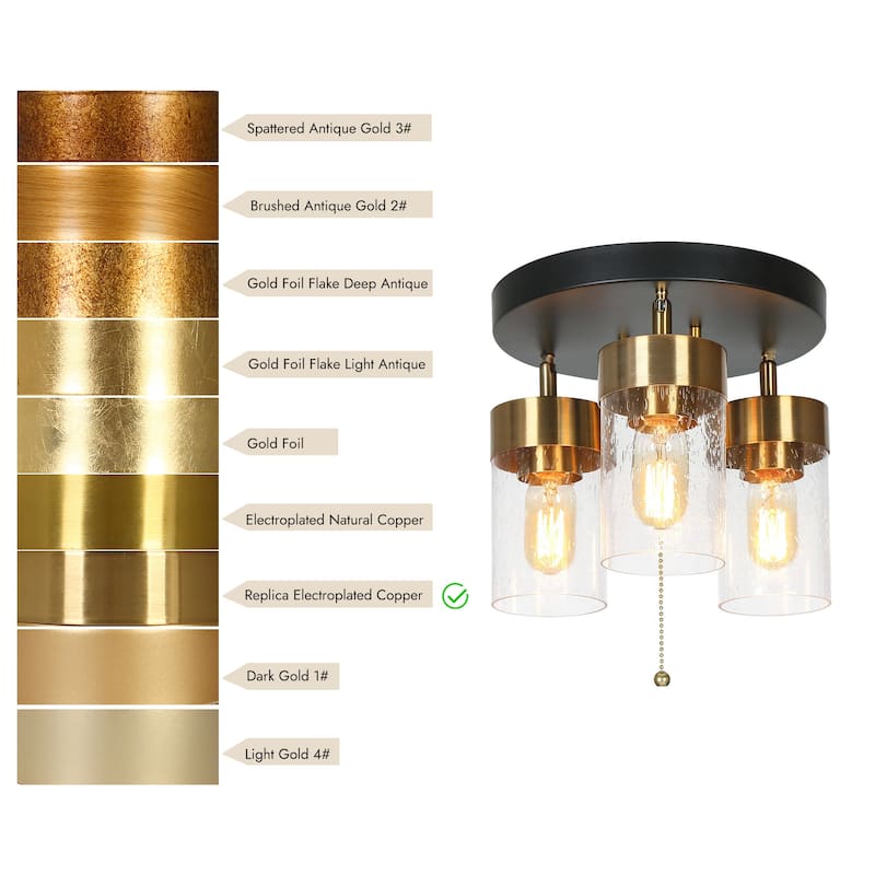 Modern 3-Light Black Gold Glass Cluster Semi Flush Mount Ceiling Light with Pull String - 11" D x 9.5" H