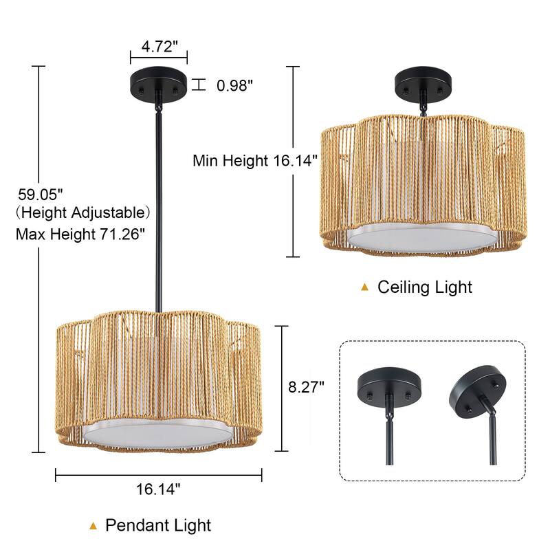Farmhouse 1-Light Drum Pendant Light with Woven Shades - Black