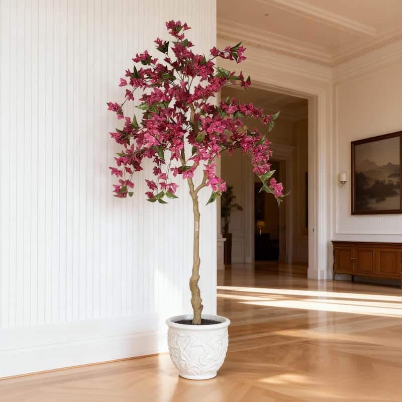 6FT Artificial Bougainvillea Tree, Realistic Flowering Fake Plant for Indoor Home Decor, Potted Faux Tree, 1pc/set - Dark Pink,Green Leaves
