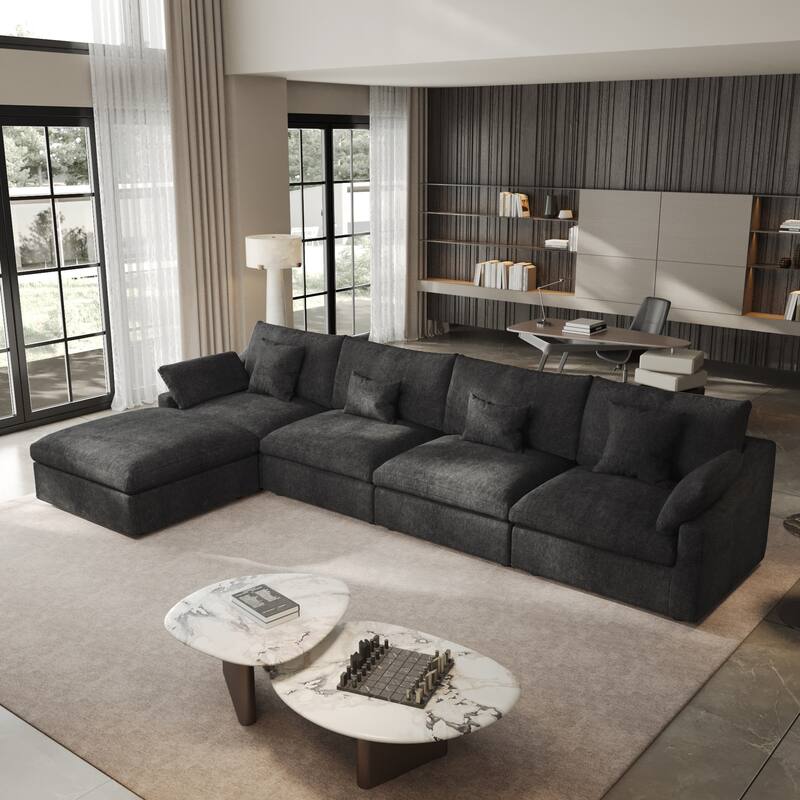 155.9" L-shaped Modern Linen Sectional Modular Sofa 4-Seater Down Filled Cloud Couch with Ottoman - Black
