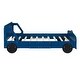 preview thumbnail 4 of 7, Blue Full Size Unique Car Platform Bed with headboard and Safety Rails, Wheel Legs, High-Quality Construction