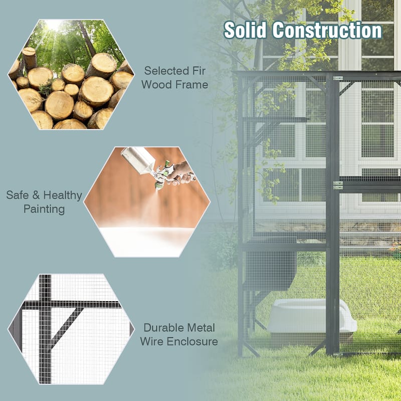 71 Inches Tall Outdoor Wooden Cat House with Weatherproof Asphalt Roof-Grey - 71" x 38" x 71"