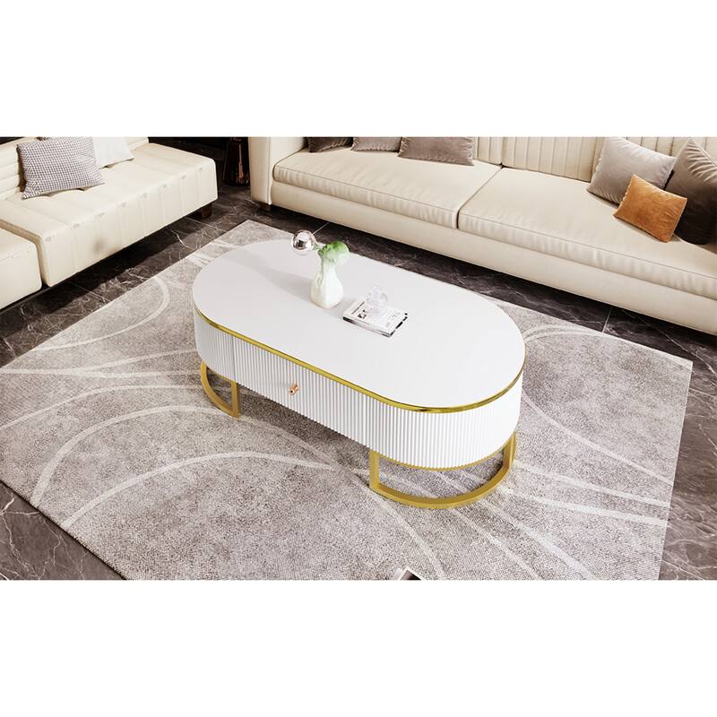 Sleek Oval Coffee Table, White MDF Top with Gold Lacquer Base, Storage Drawers, 47.2"
