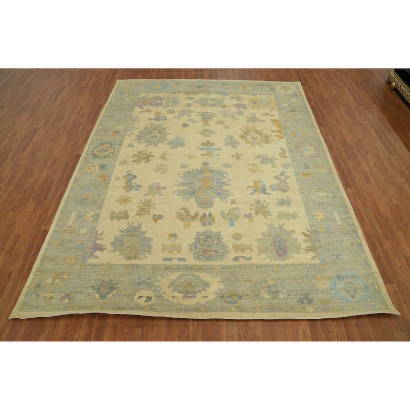Vegetable Dye Wool Oushak Turkish Area Rug, Floral Geometric Carpet - 11' 1'' X 8' 11''