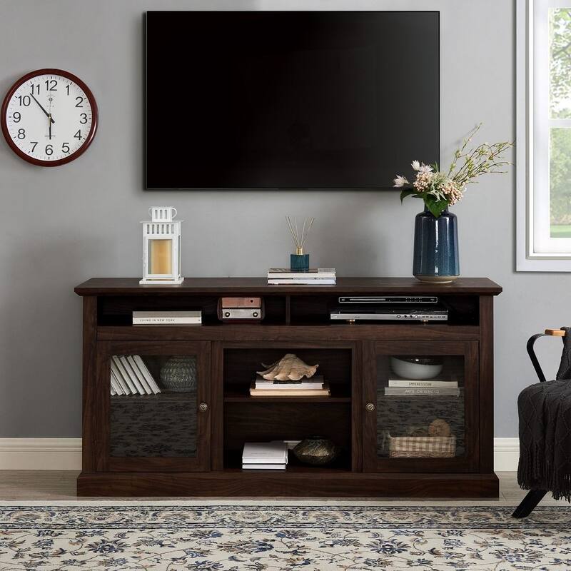 60'' American Traditional Style Contemporary TV Media Stand with Fireplace Insert - Brown - Without Fireplace