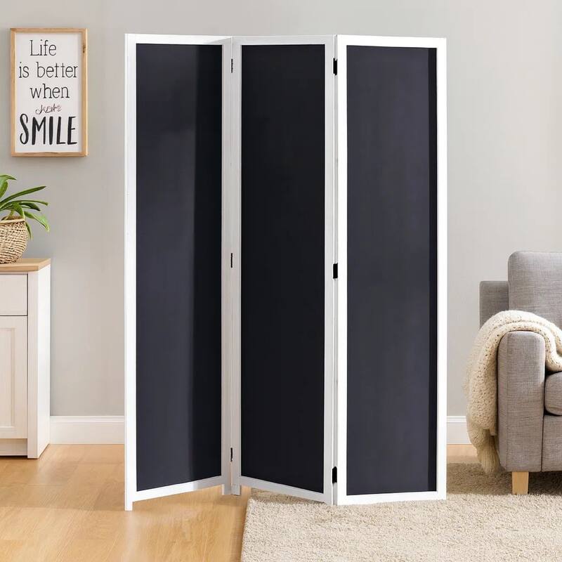 Chalkboard and Wooden 3 Panel Room Divider, Black and White