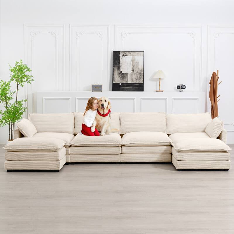 4-Seat Corduroy Modular Sofa with 2 Removable Ottomans for Home & Business