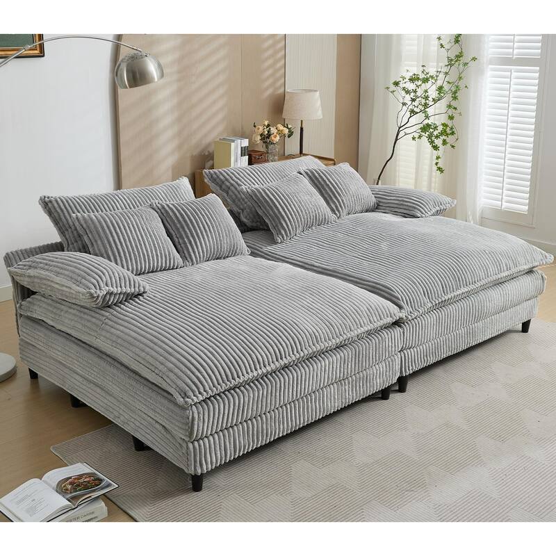 109" W Oversized Corduroy Lounge Chaise Sleeper Sofa 4 Pillows
