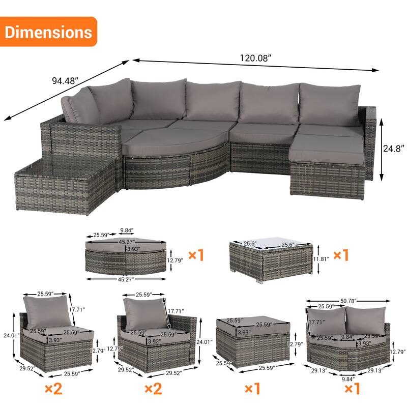8-Piece Outdoor Patio Rattan Modular Sectional Sofa Set with Tempered Glass Coffee Table