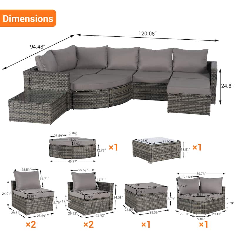 8 Piece Outdoor Patio Sofa Set, L- Shaped Wicker Patio Conversation Set with Curved Ottoman and Removable Cushion