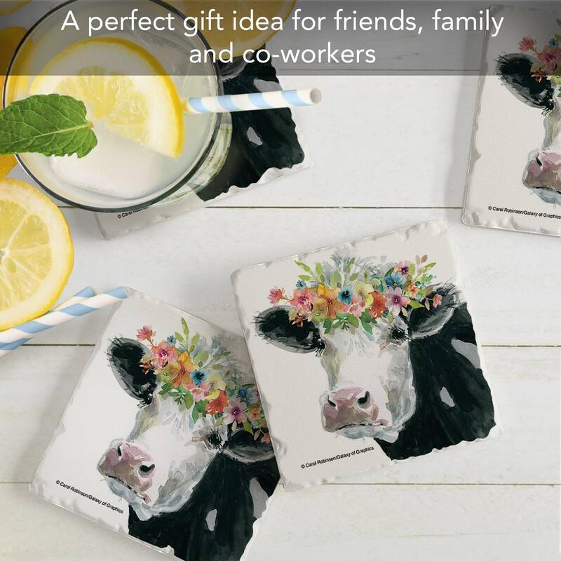 Flower Crown Cow 4 Pack Stone Coasters with Cork Backing 4" Square Made in The USA Artistic Absorbent Easily Wipes Clean
