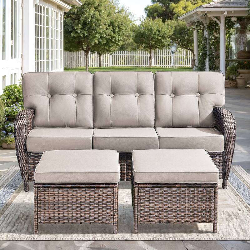 Gymojoy 3-Piece Outdoor Wicker Patio Furniture Set, 5" Thick Cushioned Rattan Sofa with Ottomans