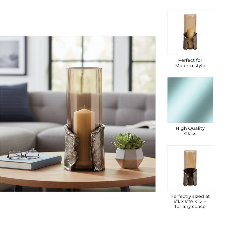 Candle Holder - Brown Glass with Metal Wraparound